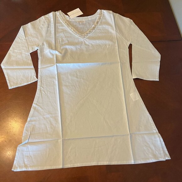 Modaposa Beach Tunic Top w/ Cowrie Shells | Light Blue Cotton Summer Cover Up - Picture 8 of 8